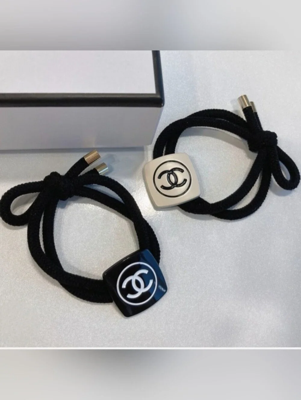 CHANEL Black and Cream Double CC Resin Logo Elastic Hair Tie Duo